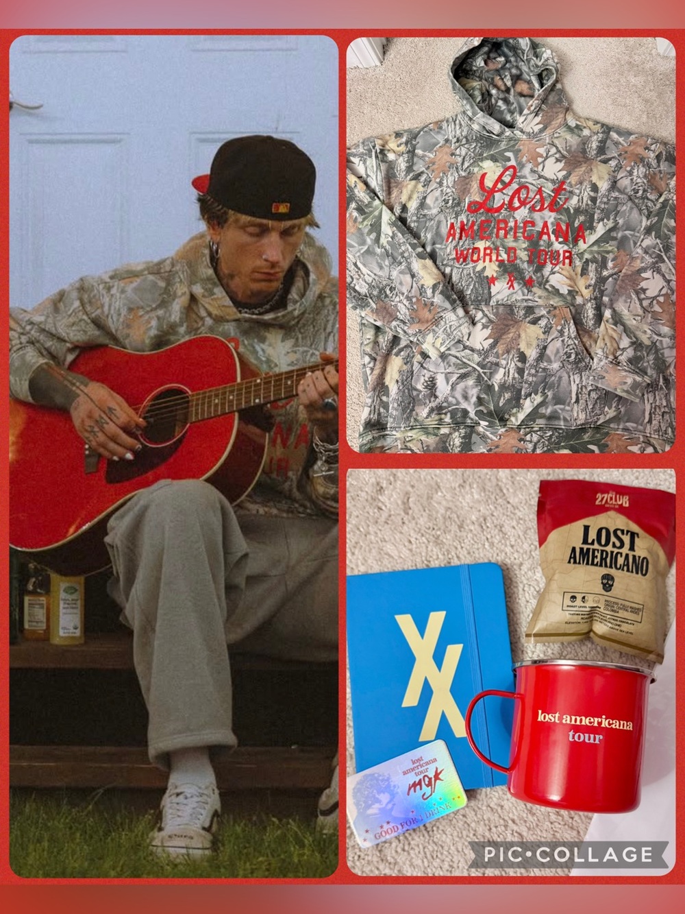 MGK Lost Americana Tour Camo Hoodie 2XL & VIP Gift-Coffee, Tin Cup, XX Journal